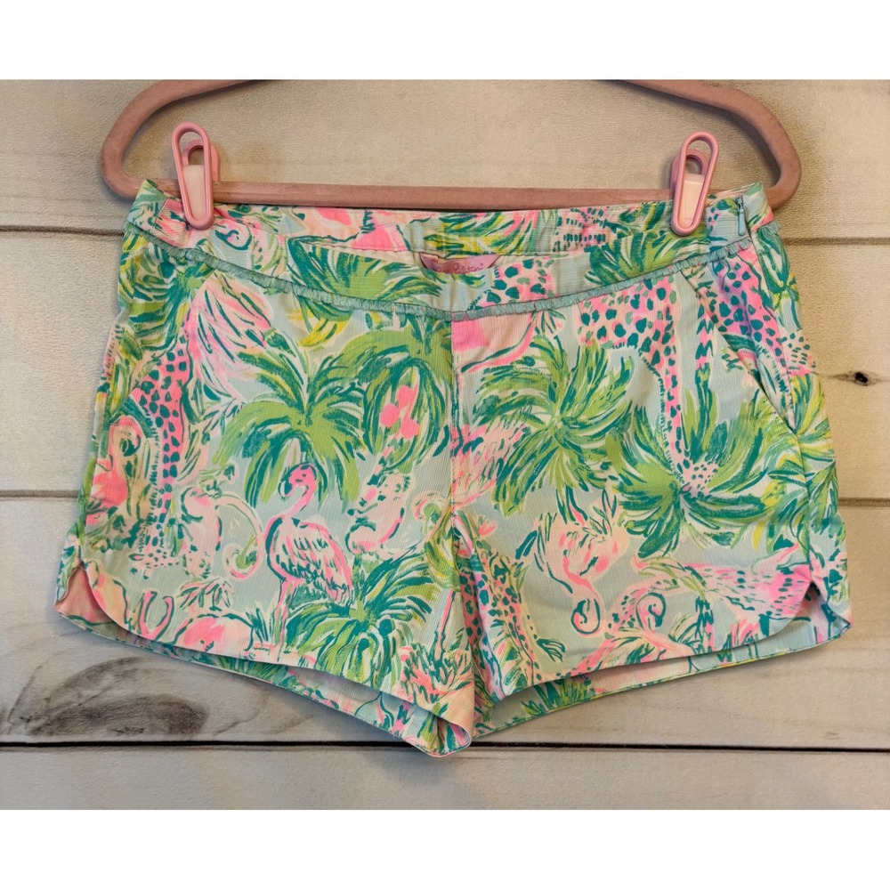 Lilly Pulitzer Callahan Shorts Get Trunky Flamingo Giraffe Palm Print Blue Sz 4